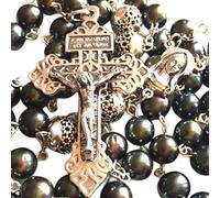elegantmedical Fabriqué à la main AAA noir véritable perle + perles en argent sterling Bali chapelet catholique croix croix collier boîte