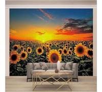 Élégants Couchers De Soleil Rouges Et Fleurs De Tournesol Papier Peint 3D Installation Facile Intissé Tapisserie Bureau Salon Canapé Chambre Décoration Murale-200cm×140cm