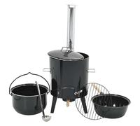 Eleganz Canon à goulasch en acier émaillé avec conduit de fumée et couvercle, noir, robuste et durable, pour la cuisine en plein air et le camping