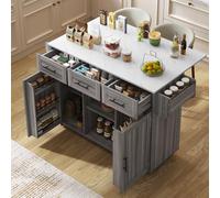 Eleganz Chariot de service pliable de 139 cm - Placage en bois massif gris - Aspect marbre blanc - 3 tiroirs - Étagères réglables - Étagères de porte convertibles avec pieds en bois