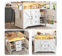 Eleganz Îlot de cuisine 120 cm avec éclairage LED et musique - Chariot de service intelligent à roulettes - Table à manger pliable - Port de charge USB - Tablettes à collation - Multifonction - Blanc