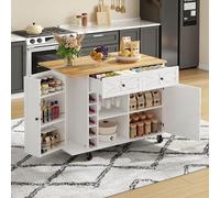 Eleganz îlot de cuisine 120 x 45 (70) cm, plan de travail pliable, corps blanc, 5 roulettes verrouillables, étagère de porte, étagère à vin, porte-verre, 2 tiroirs, étagères réglables, certifié FSC