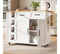 Eleganz Îlot de cuisine 131,5 cm avec multiprise - Étagère à vin intégrée - Table à manger pliable - 2 tiroirs - Porte-serviettes - 5 roulettes - Grain de bois - Blanc