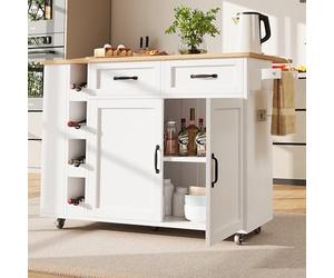 Eleganz Îlot de cuisine 131,5 cm - Multiprise intégrée à 2 compartiments - Étagère à vin modulaire - Table à manger pliable de 43 à 76 cm - 2 tiroirs - Porte-serviettes - 5 roulettes industrielles
