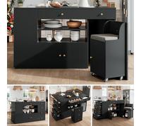 Eleganz Îlot de cuisine avec 2 tabourets de bar, 140 x 40 x 89 cm, armoire de cuisine avec 6 tiroirs et tabourets d'espace de rangement, armoire de buffet, blanc/noir, avec poignées dorées, ensemble