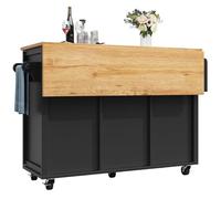 Eleganz îlot de cuisine avec casier à vin de 137,9 cm - Extensible de 45 à 73 cm - Étagères de porte + étagère à épices - 5 roulettes pivotantes à 360° - Poignées chromées - Blanc/noir - Charge