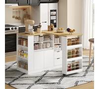 Eleganz îlot de cuisine avec plan de travail extensible 115 x 50 x 92 cm, îlot de rangement avec étagères à trois côtés et deux tiroirs, bar à café, table à manger extensible en bois, rotative et
