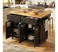 Eleganz Îlot de cuisine mobile 140 cm - Plateau de table pliable 73 cm - 5 roulettes (2 verrouillables) - Portes en verre de sécurité - Grand tiroir - Étagère en bois - Étagère latérale - MDF/PB