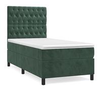 Eleganz Lit à sommier tapissier avec matelas 100 x 200 cm - Tissu en velours vert foncé pour chambre à coucher, surmatelas confortable et suspension stable, parfait pour les petits espaces
