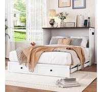 Eleganz Lit d'armoire 140 x 200 cm, mobile, avec tiroirs au bout du lit et étagère à la tête du lit, avec USB et prise, lit plateforme convertible, sans matelas, blanc