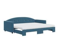 Eleganz Lit de jour extensible, avec matelas bleu, 90 x 200 cm, en velours, peu encombrant, pour les petits espaces et un sommeil confortable pour les visiteurs
