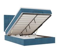 Eleganz Lit ottoman avec matelas 140 x 190 cm, en velours bleu foncé, peu encombrant, avec espace de rangement pour les petits espaces, confortable et durable