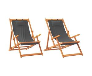 Eleganz Lot de 2 chaises de plage pliantes en bois d'eucalyptus massif avec finition à l'huile, tissu gris (100 % polyester), légères et durables, pour jardin, balcon et plage