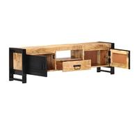 Eleganz Meuble TV en bois de manguier rugueux avec finition naturelle, 140 x 30 x 40 cm, revêtement en poudre noir pour salon moderne