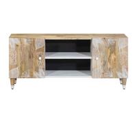 Eleganz Meuble TV en bois massif de mangue naturel avec vernis blanc, 105 x 33,5 x 46 cm, système d'étagères pour salon, durable et élégant