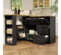 Eleganz Table de bar extensible 138-204 x 39 x 105 cm avec étagère à collations noire | Table haute rotative à 360° avec portes d'armoire 3D | Table haute îlot de cuisine avec 2 tiroirs pliants |