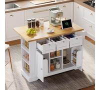 Eleganz Table de cuisine mobile de 132 cm, îlot de cuisine à roulettes avec plan de travail extensible, armoire multifonction avec tiroirs et étagère à épices, prise intégrée avec USB