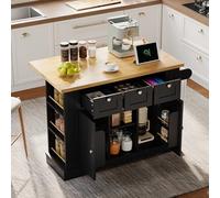 Eleganz Table de cuisine mobile de 132 cm, îlot de cuisine à roulettes avec plan de travail extensible, armoire multifonction avec 3 tiroirs, étagère à épices, prise intégrée avec USB