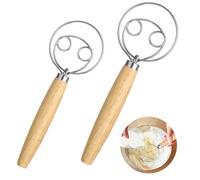 Elegaperma Lot de 2 batteurs de pâte à whisky danois avec manche en bois en 2 tailles, pétrisseur de pâte à main, fouet danois pour gâteaux, pain, pâtisseries ou pâte à pizza, fouet à pain