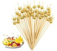 Elektheim Lot de 100 brochettes à Cocktail en Bois Naturel avec Perle Acrylique dorée - Cure-Dents en Bambou - pour Bar, fête, Dessert, Barbecue, collations, Fruits - Antipasti - 12 cm