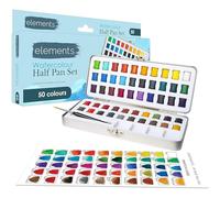 Elements Lot de 50 demi-godets de couleur pour aquarelle, parfaits pour les artistes, les débutants, les étudiants ou les amateurs avec pinceau rétractable et palette de mélange dans une boîte de