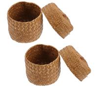ELEOUTI Lot de 2 Mini Paniers Osier en Jonc de Mer Tressés la Main avec Couvercle, Panier de Rangement Résistant et Décoratif pour Fête ou Salon Couleur Aléatoire