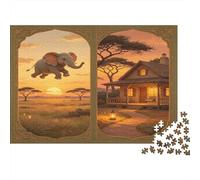 Éléphant Africain Puzzle 1000 Pièces Puzzle pour Adultes Papier Village Chaleureux scène au Coucher du Soleil Relaxation en Famille Cadeau nan