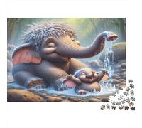 Elephant and Calf Playing Puzzle for Adults & Age 14 Up: Elephant Pouring Water on Baby Fun Present & Activity for Home Gift 38x26cm/1000pcs
