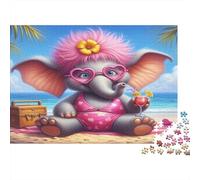 Elephant Beach 1000Pc for Adults Gifts: Pink Elephant at Beach Educational Game Challenge & Brainteasing Activity 38x26cm/1000pcs