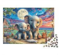 Elephant Bridge Puzzle 1000 pièces soirée Jeu Adultes Bébés éléphants Lune Jardin Qualité supérieure épaisse Robuste vibrante stimulante Difficile Anti-Stress 52x38cm/1000pcs