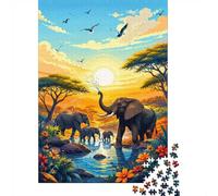 Éléphant Coucher de Soleil Puzzle Mini 1000 Pièces pour Adultes | 38x26cm Carton Décoration Salon Coupe Précise Cadeau Anniversaire Détente