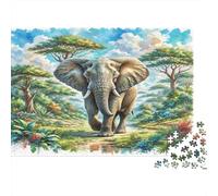 Éléphant d’Afrique Carton Éléphant sur Un Chemin de forêt enchantée Puzzle Premium Cadeau de Noël Amusant 52x38cm/1000 pièces