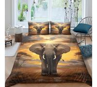 Éléphant d'Afrique Parure De Lit Housse De Couette 3 Pièces avec Taies d'oreiller Art de la Faune au Coucher du Soleil 3D Motif, Literie en Microfibre,pour Adultes Et Enfants Single（135x200cm）