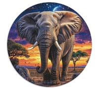 Éléphant dAfrique Puzzle 1000 Pièces Rond Papier Puzzle pour Adultes Paysage Coucher de Soleil
