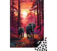 Éléphant dans la forêt au Coucher du soleilPuzzles 1000 Pièces pour Adultes, Jeux ÉduChatifsStyle d'art numérique Vibrant