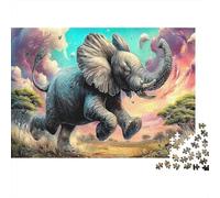 Éléphant en Course Papier épais Bébé éléphant Courant dans la Savane au Coucher du Soleil Lot de Puzzle Jouet éducatif pour Enfants 38x26cm/1000 pièces