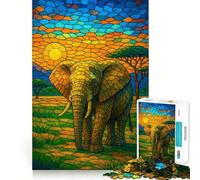 Éléphant en vitrail au Coucher du Soleil Puzzle de 1000 pièces pour Adolescents Stimule la mémoire, se détend, Bords précis, 38x26cm