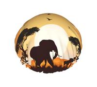 Éléphant et girafe au coucher du soleil - Bonnet de douche imperméable extra large avec double couche de protection pour cheveux longs/bouclés - Réutilisable et facile à transporter.