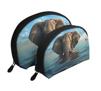 Elephant is Sitting in The Water Portable Shell Cosmetic Bag Set - Organiseur de maquillage de voyage avec fermeture éclair et compartiments intérieurs, L'éléphant est assis dans l'eau, Taille unique
