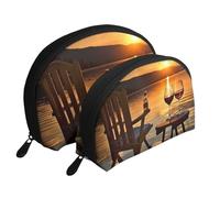 Elephant is Sitting in The Water Portable Shell Cosmetic Bag Set - Organiseur de maquillage de voyage avec fermeture éclair et compartiments intérieurs, Chaise et vin au lac Sunset, Taille unique