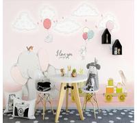 Éléphant Lapin Et Nuages Blancs Dessinés À La Main Papier Peint 3D Installation Facile Intissé Tapisserie Bureau Salon Canapé Chambre Décoration Murale-430cm×300cm