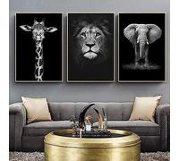 Éléphant Lion Girafe Affiche Noir Blanc Animal Moderne Toile Tableau Art Peintures Decoration Murale pour Salon Chambre Tableau Decoration, sans Cadre (3X40X60CM)