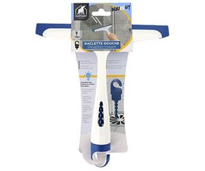 ÉLÉPHANT MAISON - Raclette Douche Squeegy - pour Les Parois De Douche - Goupillon en Élastomère - Prévient L'Apparition du Calcaire - Goupillon Intégré - Blanc & Bleu - Fabriqué en France