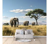 éléphant Papier Peint 3D Panoramique Animaux Des Prairies Africaines Éléphants Papier Peint Intissé Murale, Photo Mural pour Salon Chambre à Coucher D'Enfant TV Fond Décor Mural 200×140cm (L x H)