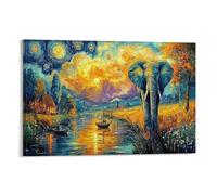 éléphant Sunset Individuel éléphant Van Gogh Starry Night River Art Mural Pour La Maison Peinture Sur Toile De Chambre À Coucher Facile À Nettoyer Pièce Déclarative Décoration 12x18inch(30x45cm)