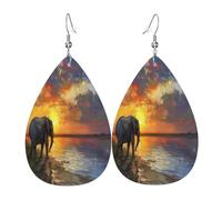 Éléphants africains prenant une promenade au bord de la mer sous le coucher du soleil Boucles d'oreilles en cuir en forme de larme pour femme - Boucles d'oreilles pendantes légères en PVC avec