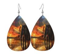 Éléphants africains prenant une promenade au bord de la rivière sous le coucher du soleil Boucles d'oreilles en cuir en forme de larme pour femme - Boucles d'oreilles pendantes légères en PVC avec