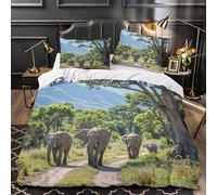 Éléphants d'Afrique Housse de Couette 3D Effet Douce Confortable Résistante Scène de faune sauvage du safari Parure de Lit Microfibre Fermeture Éclair Ultra Douce for Couple Single（140x200cm）