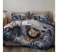 Éléphants Lions Singes Housse De Couette 200 x 200 cm, Animaux De La Forêt Mignons De Dessin Animé Parure De Lit, avec Fermeture éclair 1 Housse De Couette Et 2 Taies d'oreiller, Gris