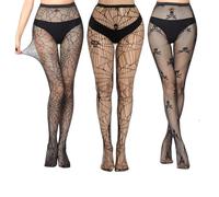 Elepl 3 PCS Collant Halloween Femme Taille Haute Filets Bas Résille Squelette & Araignée Noir Haute Élastique Maille pour Accessoire Costume